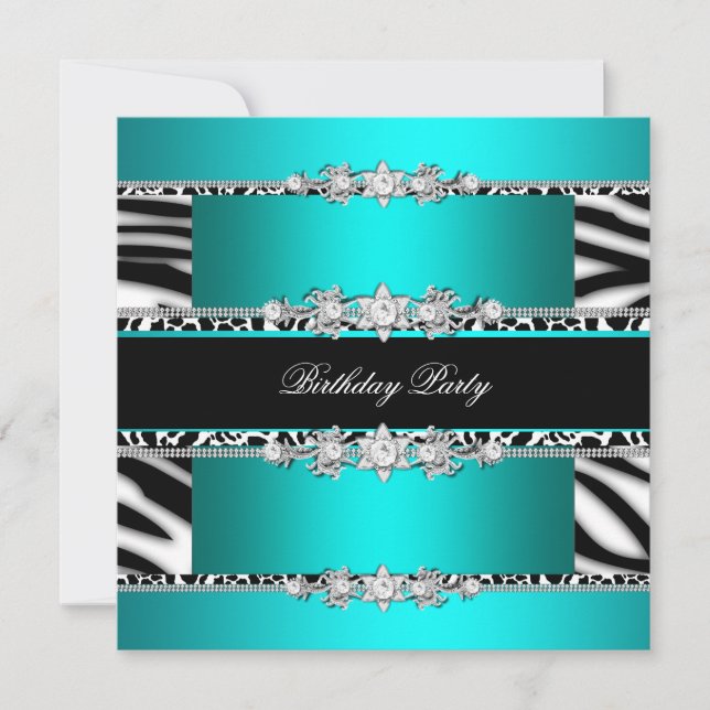 Invitation Turquoise Bleu Noir Zèbre Blanc Bijou Anniversaire (Devant)
