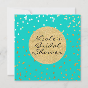 Invitation Turquoise Bleu & Or Pailleté Confetti Points Moder