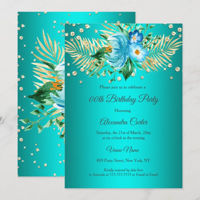 Invitation Turquoise bleu or palmiers floral fête d'anniversa (Devant / Derrière)