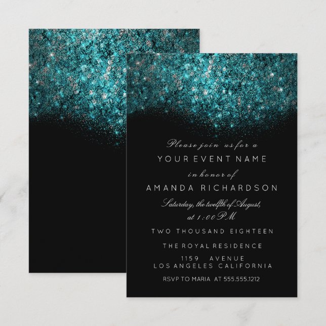 Invitation Turquoise Bleu Pailleté Glitter Noir Blanc Evéneme (Devant / Derrière)