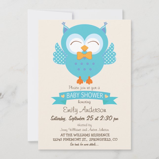 Invitation Turquoise Bleu & Purple Boy Owl Baby shower (Devant)