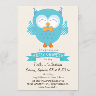 Invitation Turquoise Bleu & Purple Boy Owl Baby shower