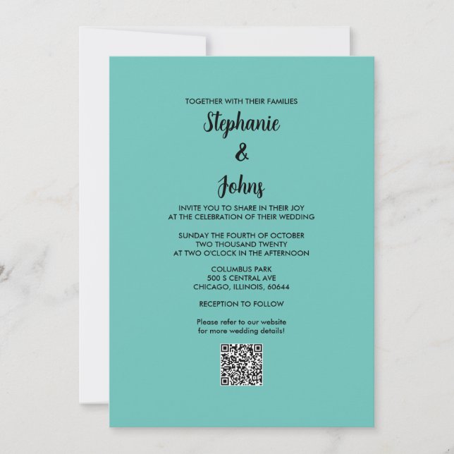Invitation Turquoise bleu QR Code noir Script simple Mariage (Devant)