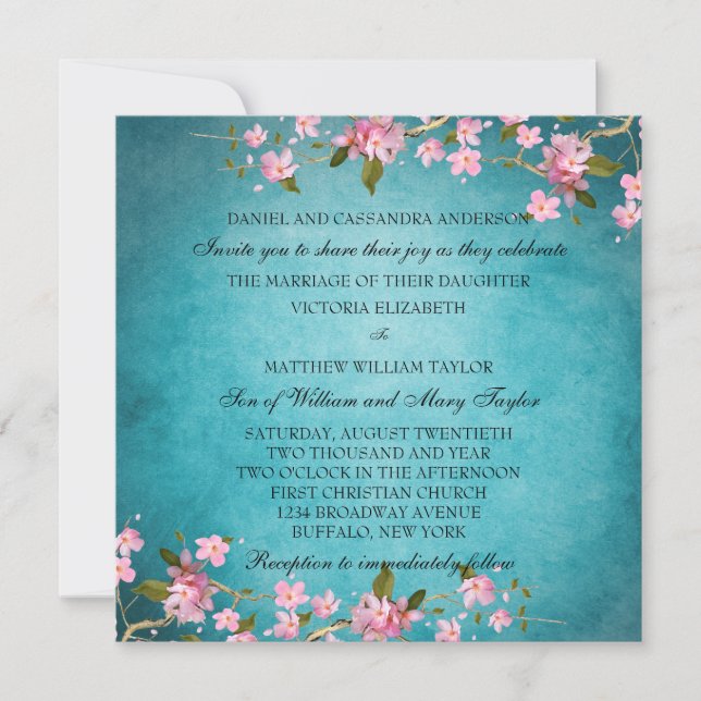 Invitation Turquoise bleu rose japonais cerisier fleurs Maria (Devant)