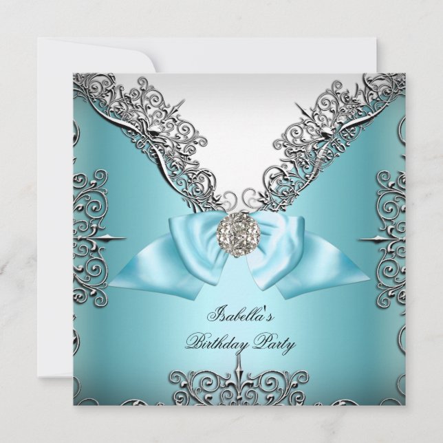 Invitation Turquoise bleu Silver blanc fête d'anniversaire (Devant)