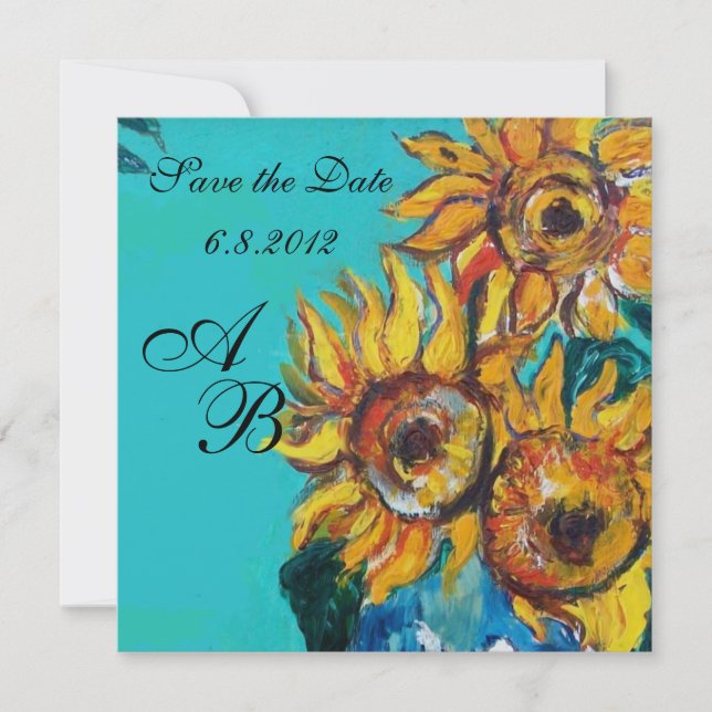 INVITATION TURQUOISE BLEU TOURNESOLS FÊTE D'ÉTÉ MONOGRAMME (Devant)