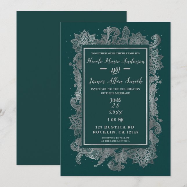 Invitation Turquoise bleu vert et argent Élégant Mariage flor (Devant / Derrière)