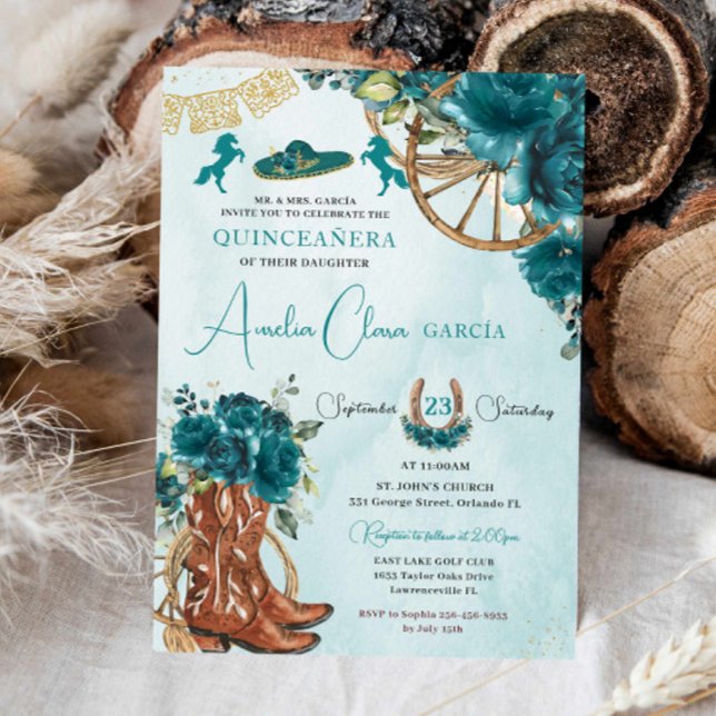 Invitation Turquoise Bleu Vert Floral Charro Ouest Quinceaner (Créateur téléchargé)