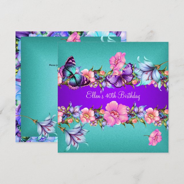 Invitation Turquoise bleu violet papillon rose fête d'anniver (Devant / Derrière)