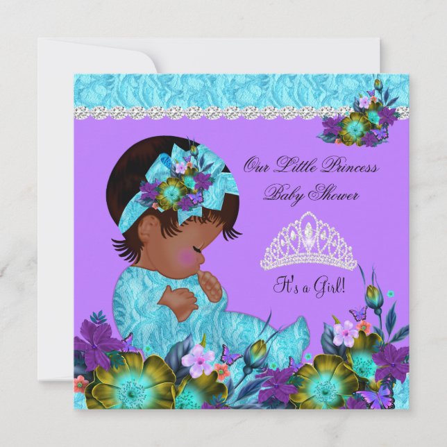Invitation Turquoise bleu violet princesse Baby shower fille  (Devant)