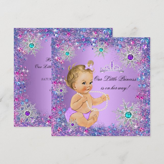 Invitation Turquoise bleu violet rose princesse Baby shower B (Devant / Derrière)