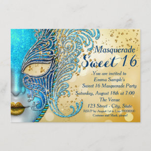 Invitation Turquoise Blue and Gold Sweet 16 Masquerade Party