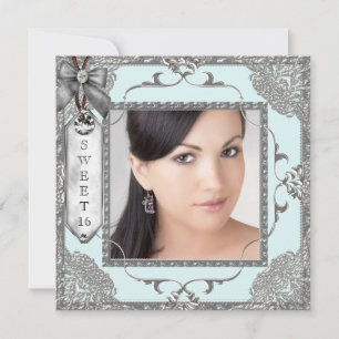 Invitation Turquoise Blue and Silver Photo Sweet 16 Birthday 