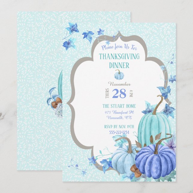 Invitation Turquoise Blue Aqua Taupe Citrouille Thanksgiving (Devant / Derrière)