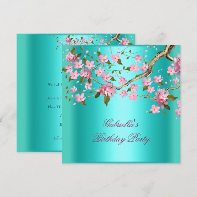 Invitation Turquoise Blue Asiatique Floral fête d'anniversair (Devant / Derrière)