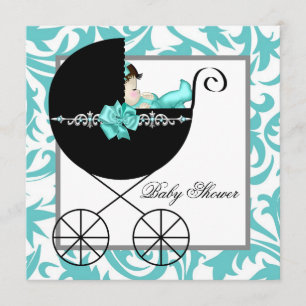 Invitation Turquoise Blue Baby Carriage Baby Shower Invitatio