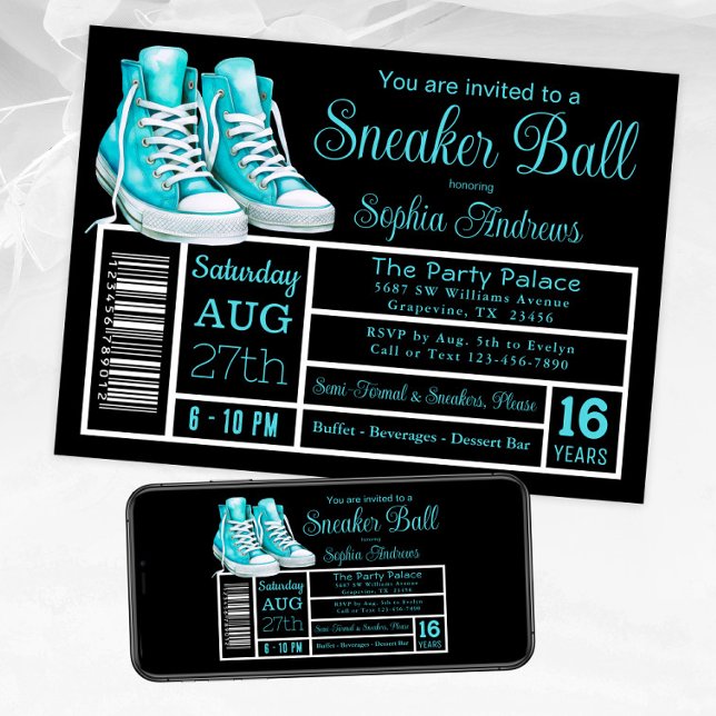 Invitation Turquoise Blue Basket Ball Anniversaire Fête de ch (Teal sneaker ball invitation shoe label style. Available for instant download and print.)