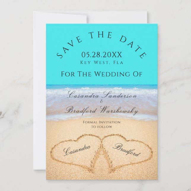 Invitation Turquoise Blue Beach Mariage 2 Coeurs dans le sabl (Devant)