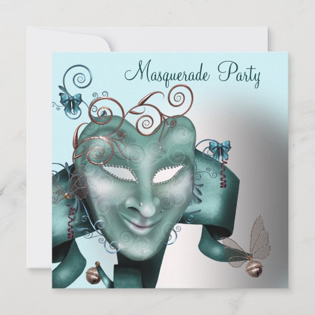 Invitation Turquoise Blue Birthday Masquerade Party (Devant)