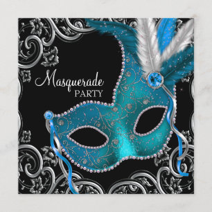 Invitation Turquoise Blue Black Masquerade