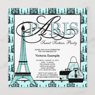 Invitation Turquoise Blue Black Paris Sweet 16 Anniversaire