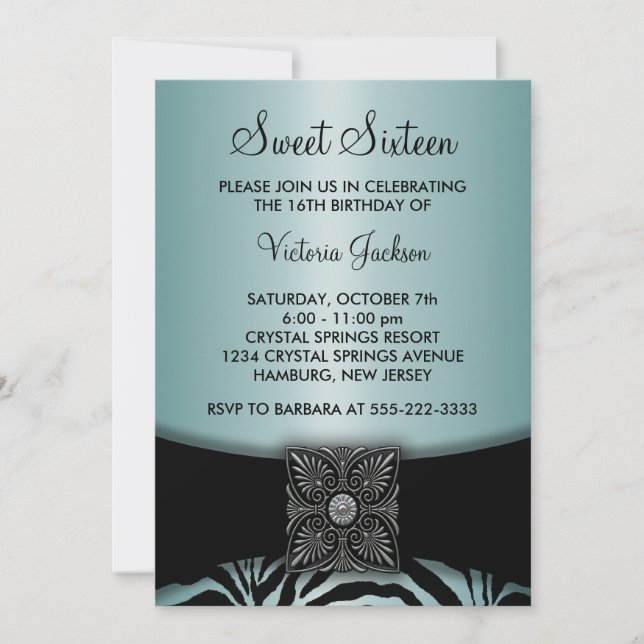 Invitation Turquoise Blue Black Zebra Sweet sixteen Party (Devant)