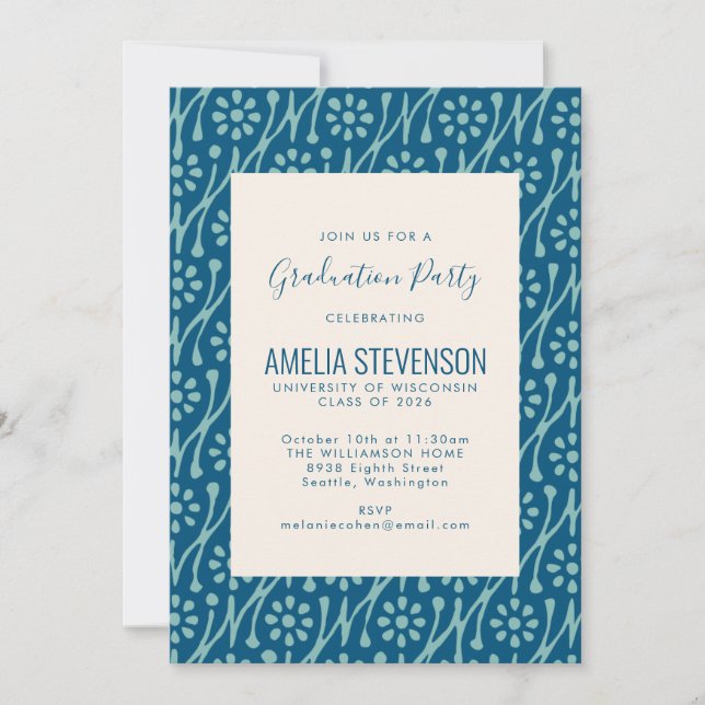 Invitation Turquoise Blue Boho Floral Art Dessin Partie de gr (Devant)