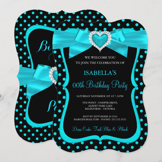 Invitation Turquoise Blue Bow Black Pois fête d'anniversaire (Devant / Derrière)