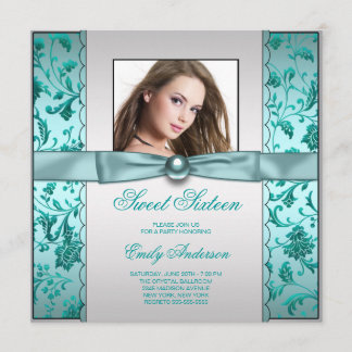 Invitation Turquoise Blue Damask Photo Sweet sixteen Annivers