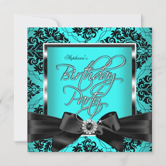 Invitation Turquoise Blue Damask Silver Black Anniversaire Pa (Devant)