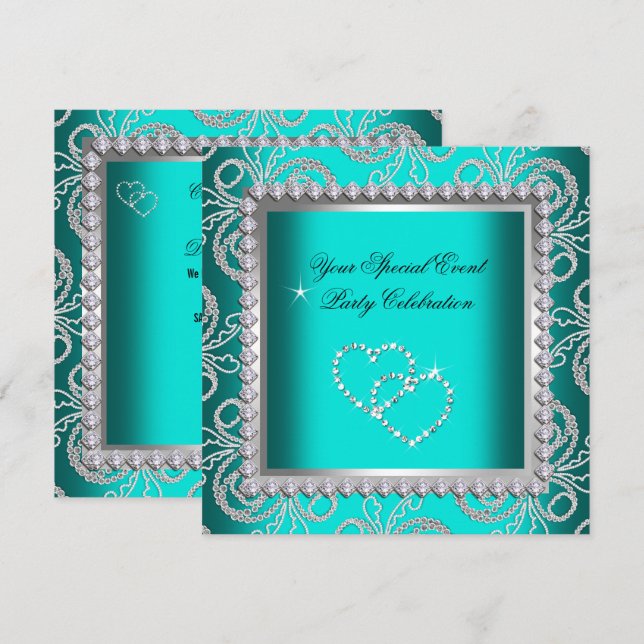 Invitation Turquoise Blue Damask Silver Diamonds Heart Party (Devant / Derrière)