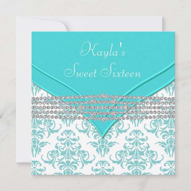 Invitation Turquoise Blue Damask Sweet 16 Party (Devant)
