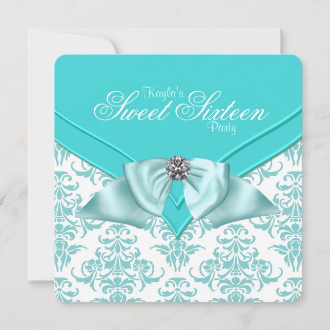 Invitation Turquoise Blue Damask Sweet 16 Party (Devant)