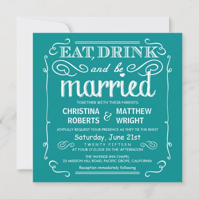 Invitation Turquoise Blue Eat Drink et être marié invite au m (Devant)