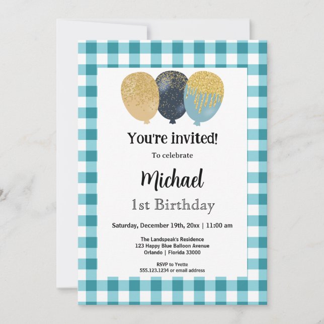 Invitation Turquoise Blue En vichy, Ballons de fête 1er anniv (Devant)