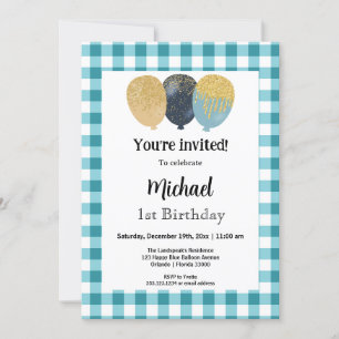 Invitation Turquoise Blue En vichy, Ballons de fête 1er anniv