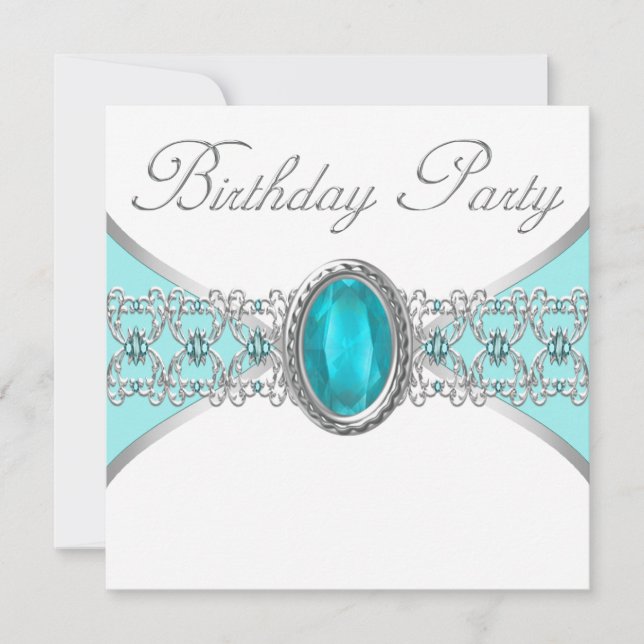 Invitation Turquoise Blue et Silver Birthday Party (Devant)