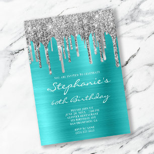 Invitation Turquoise Blue et Silver Drip 60e anniversaire