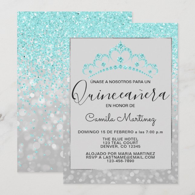 Invitation Turquoise Blue Girl Parties scintillant étincelant (Devant / Derrière)