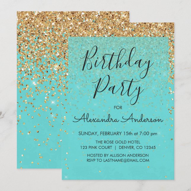 Invitation Turquoise Blue Girl Parties scintillant Étincelle  (Devant / Derrière)