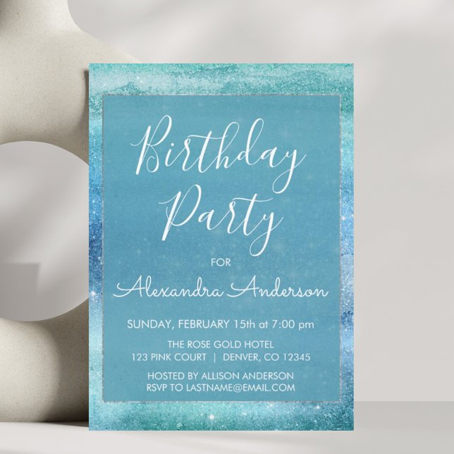 Invitation Turquoise Blue Girl Parties scintillant Étincelle  (Créateur téléchargé)