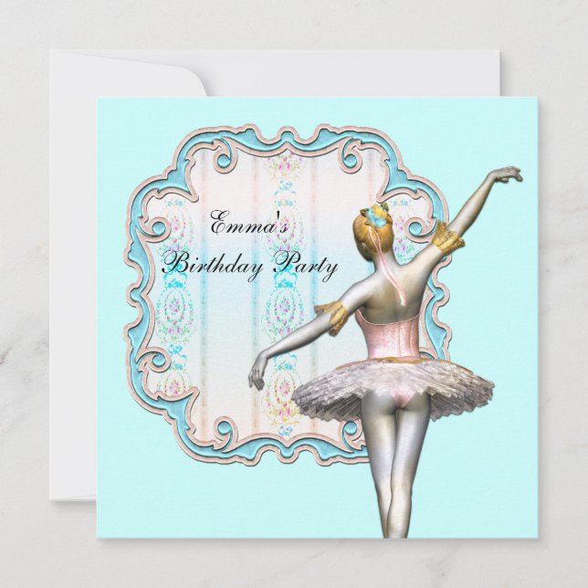 Invitation Turquoise Blue Girls Ballerina fête d'anniversaire (Devant)