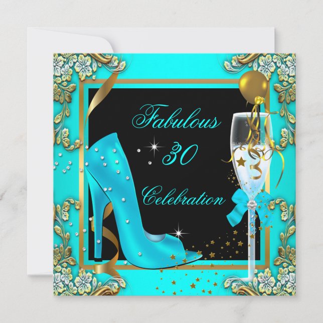 Invitation Turquoise Blue Gold 30th High Heels fête d'anniver (Devant)