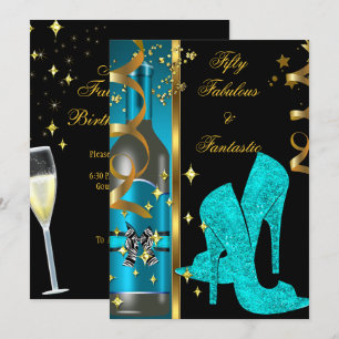 Invitation Turquoise Blue Gold 50 & Fabulous Fantastic Birthd