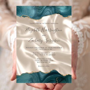 Invitation Turquoise Blue Gold Agate Mariage en soie ivoire