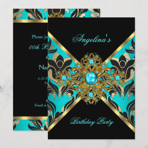 Invitation Turquoise Blue Gold Black Damask Floral Anniversai