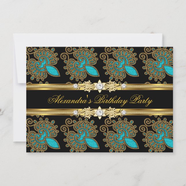 Invitation Turquoise Blue Gold Black Soirée d'anniversaire él (Devant)