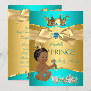 Invitation Turquoise Blue Gold Prince Baby shower ethnique