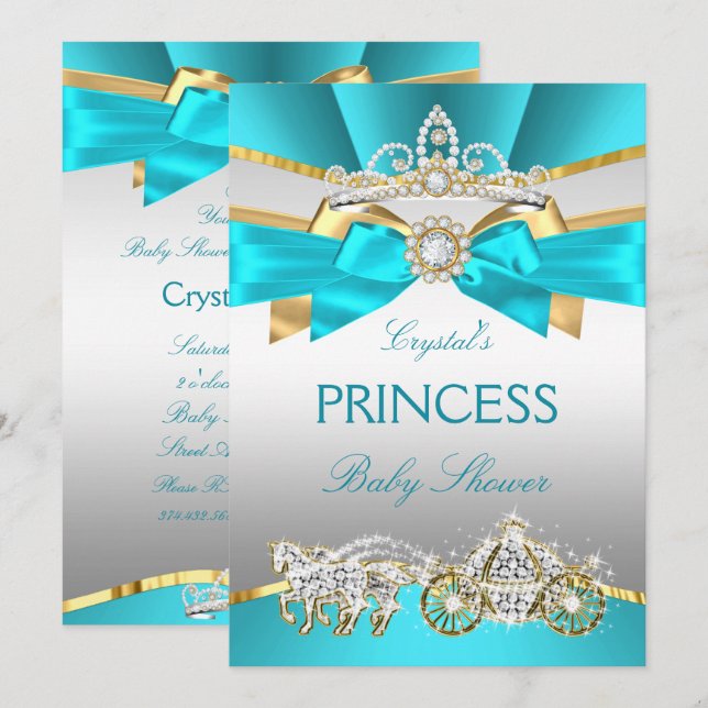 Invitation Turquoise Blue Gold Princess Baby shower Carriage (Devant / Derrière)