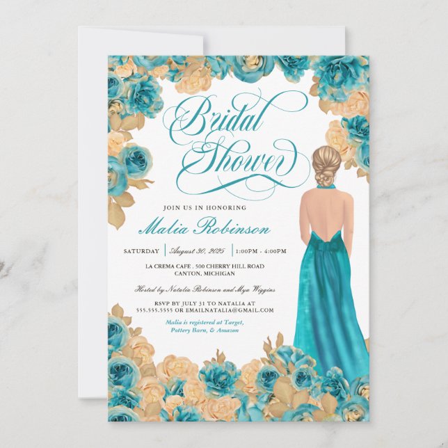 Invitation Turquoise Blue & Gold Roses Elegant Gown Fête des  (Devant)